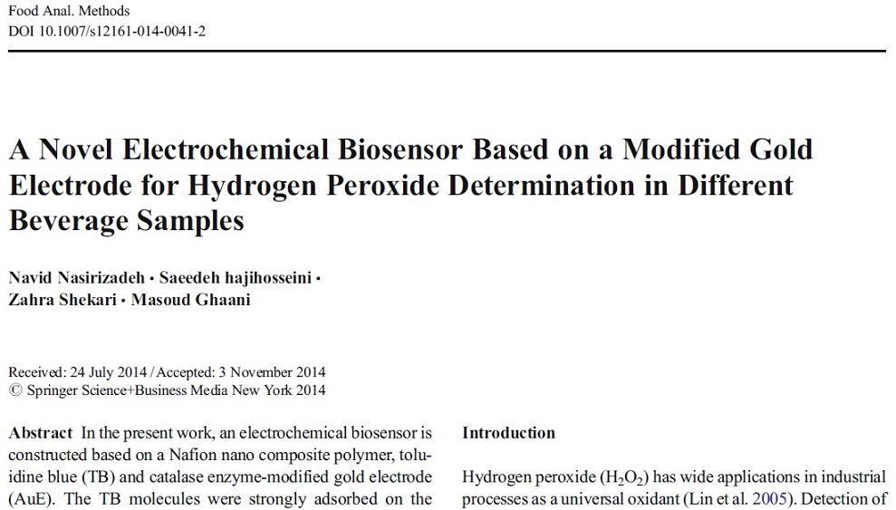 مقاله اسپرینگر 2014  به همراه ترجمه: یک بیوسنسور الکتروشیمیایی بر اساس یک الکترود طلای اصلاح شده برای تعیین پروکسید هیدروژن در نمونه های نوشیدنی های مختلف