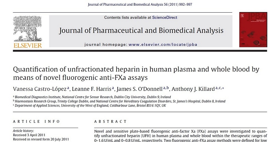 مقاله الزویر 2011: تعیین کمیت های هپارین شکسته نشده در پلاسمای انسان و کل خون  با استفاده از روش سنجش جدید  fluorogenic ضد FXa