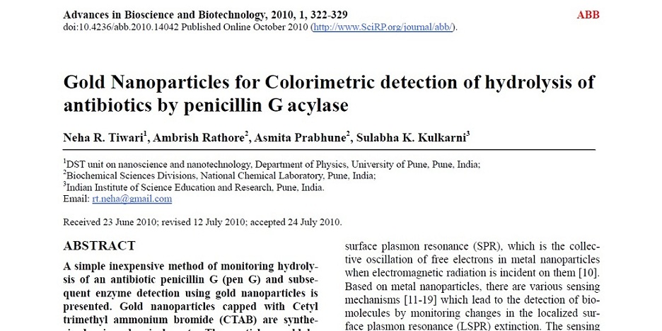 مقاله 2010 به همراه ترجمه 13 صفحه ای با عنوان نانوذرات طلا برای تشخیص رنگ هیدرولیز آنتی بیوتیک های G acylase پنی سیلین