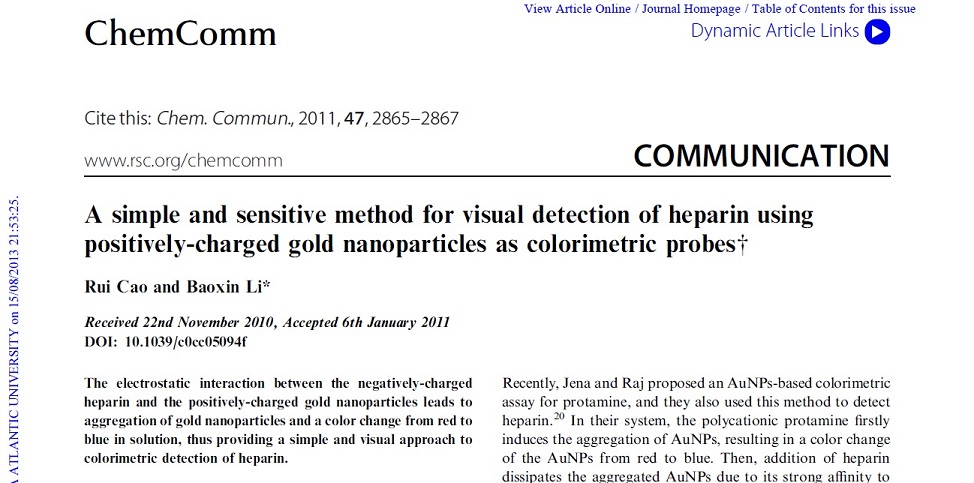 مقاله نانو ذرات طلا به همراه ترجمه تخصصی با بهترین کیفیت ترجمه با عنوان یک روش ساده با حساسیت بالا برای تشخیص بصری هپارین با استفاده از نانو ذرات طلا با بار مثبت به عنوان کاوشگر رنگ