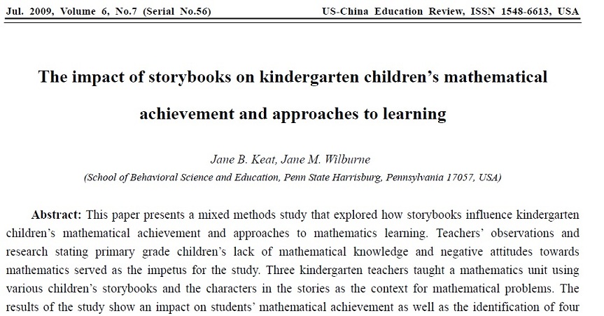مقاله 2009 پنسیلوانیا به همراه ترجمه:تاثیر کتاب های داستان بر موفقیت کودکان مهدکودک در ریاضیات و روش های یادگیری