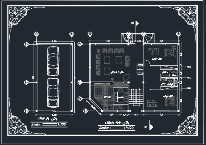 نقشه آماده ی اتوکد یک واحد مسکونی دو خوابه خوش نقشه 100 متری به همراه پارکینگ