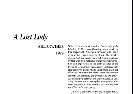 نقد رمان بانوی گمشده اثر ویلا سایبرت کاتر A Lost Lady by Willa Sibert Cather
