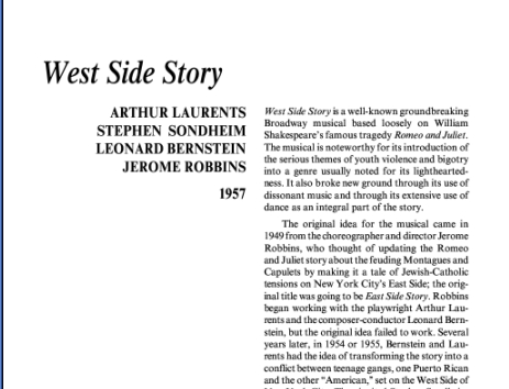 نقد نمایشنامه West Side Story by Arthur Laurents and Leonard Bernstein and Stephen Sondheim
