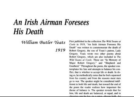 نقد شعر An Irish Airman Foresees His Death by William Butler Yeats