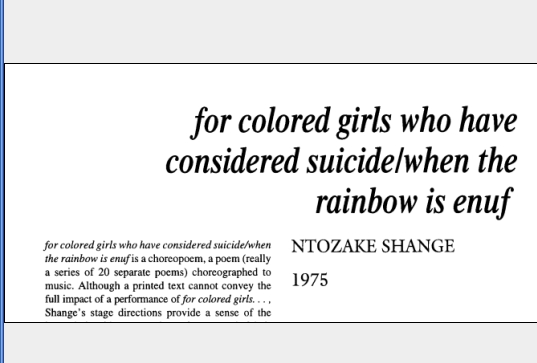 نقد نمایشنامه for colored girls who have considered suicide / when the rainbow is enuf by ‎Ntozake Shange