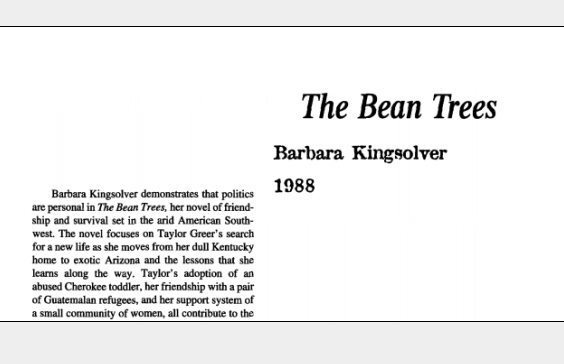 نقد رمان The Bean Trees by Barbara Kingsolver