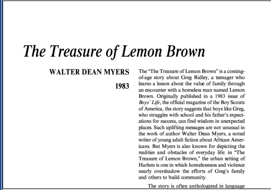 نقد داستان کوتاه The Treasure of Lemon Brown by Walter Dean Myers