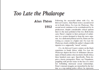 نقد رمان Too Late the Phalarope by Alan Paton