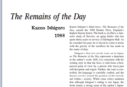 نقد رمان The Remains of the Day by Kazuo Ishiguro