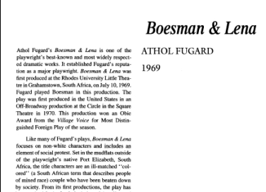 نقد نمایشنامه Boesman and Lena by Athol Fugard