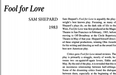 نقد نمایشنامه Fool for Love by Sam Shepard
