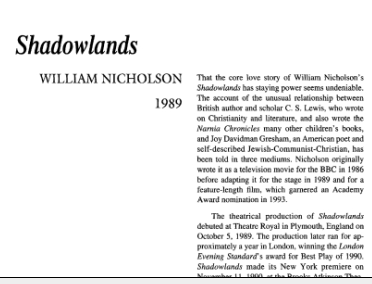 نقد نمایشنامه Shadowlands by William Nicholson