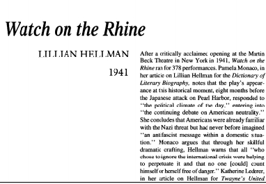 نقد نمایشنامه Watch on the Rhine by Lillian Hellman