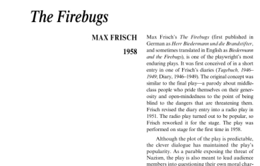 نقد نمايشنامه اي بیدرمان و آتش سوزان اثر ماکس رودلف فریش The Firebugs by Max Frisch