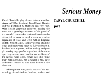 نقد نمايشنامه پول خطیر اثر کاریل چرچیل Serious Money by Caryl Churchill