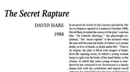 نقد نمایشنامه The Secret Rapture by David Hare