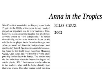 نقد نمایشنامه Anna in the Tropics by Nilo Cruz