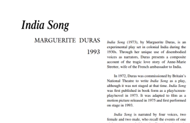 نقد نمایشنامه India Song by Marguerite Duras