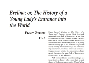 نقد رمان Evelina: Or The History of A Young Lady’s Entrance by Fanny Burney