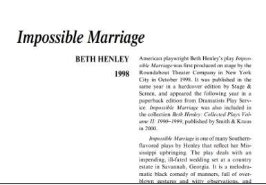 نقد نمایشنامه Impossible Marriage by Beth Henley