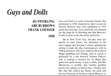 نقد نمایشنامه Guys and Dolls by Frank Loesser and, Swerling and Abe Burrows