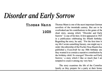نقد داستان کوتاه Disorder and Early Sorrow by Thomas Mann