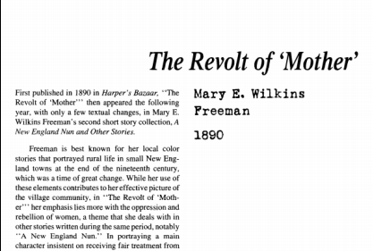 نقد داستان کوتاه The Revolt of Mother by Mary E. Wilkins Freeman