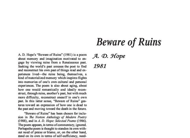 نقد شعر    Beware of Ruins by A. D. Hope