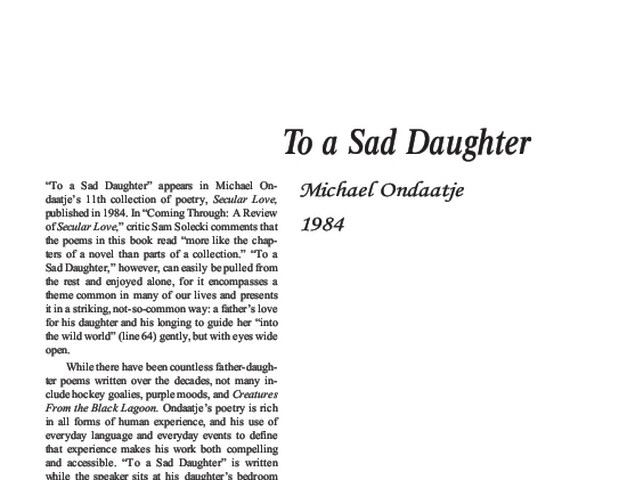 نقد شعر   To A Sad Daughter Poem by Michael Ondaatje