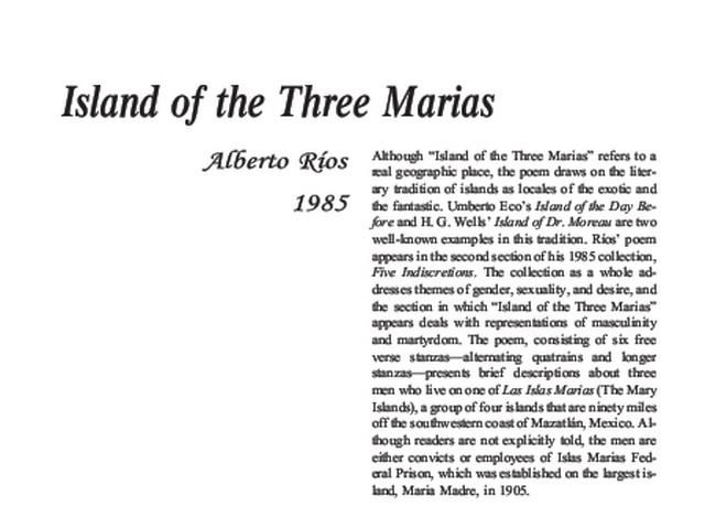 نقد شعر   Island of the Three Marias by Alberto Rios
