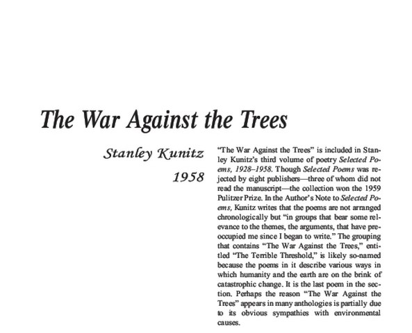 نقد شعر  The War Against the Trees by Stanley Kunitz