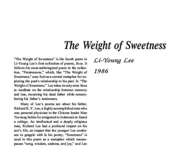 نقد شعر   The Weight of Sweetness by Li Young Lee