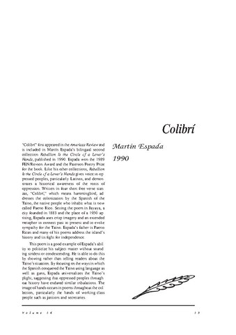 نقد شعر   Colibrí  by Martin Espada