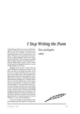 نقد شعر    I Stop Writing the Poem by Tess Gallagher