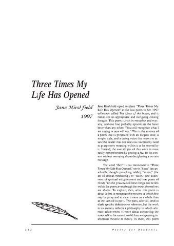 نقد شعر    Three Times My Life Has Opened by Jane Hirshfield