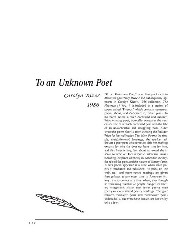 نقد شعر   To an Unknown Poet by Carolyn Kizer