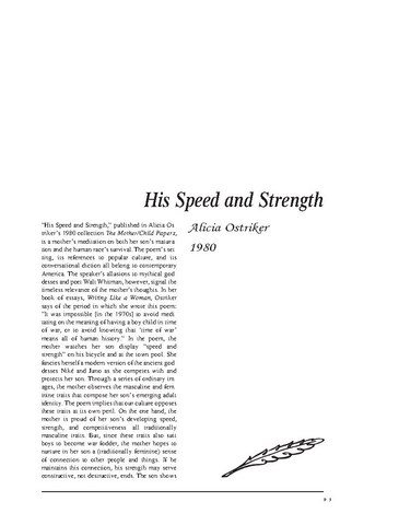 نقد شعر   His Speed and Strength by Alicia Ostriker