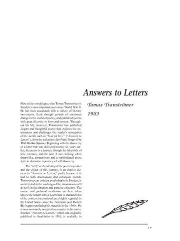 نقد شعر   Answers To Letters by Tomas Tranströmer