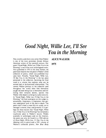 نقد شعر   Good Night, Willie Lee, Ill See You in the Morning by Alice Walker
