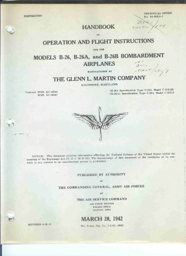 Handbook of operation and fught instructions for the models B-26, B-26A, and B-26B bombardment airplanes