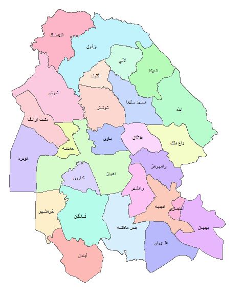 نقشه GIS شهرستان های استان خوزستان