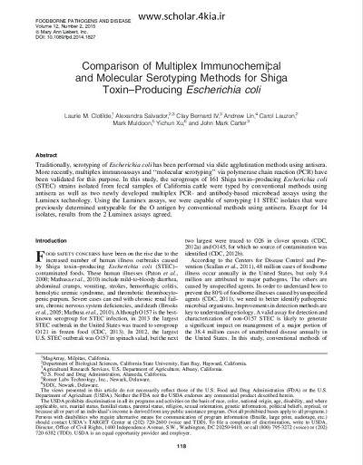 Comparison of Multiplex Immunochemicaland Molecular Serotyping Methods for ShigaToxin–Producing Escherichia coli