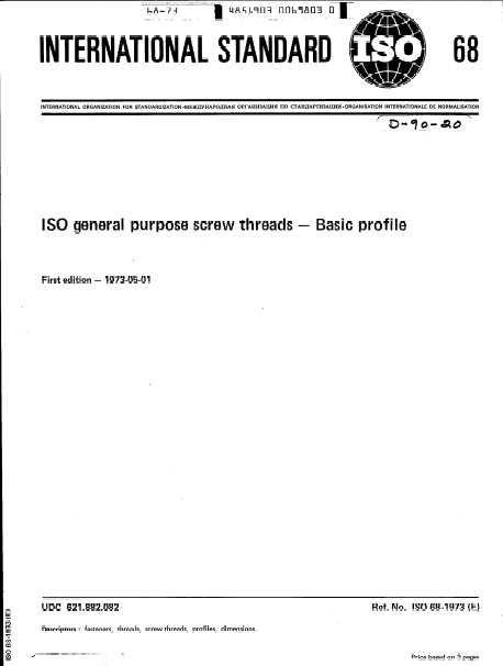 ISO 68 General Purpose Screw Threads - Basic Profile