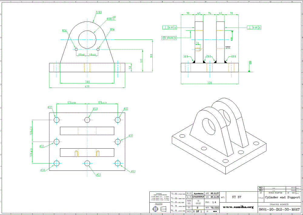 طراحی و نقشه  قسمت Cylinder End Support  از دستگاه کویل بازکن Uncoiler