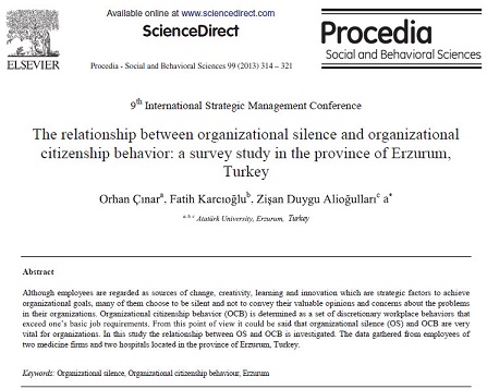 ترجمه مقاله انگلیسی : رابطه بین سکوت سازمانی و رفتار شهروندی سازمانی  یک بررسی پژوهشی در منطقه ارزروم ترکیه