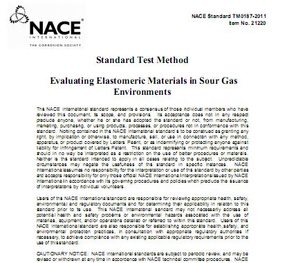 استاندارد NACE TM0187 در خصوص روش آزمایشگاهی ارزیابی مواد الاستومری در محیط گاز ترش (نسخه 2011)