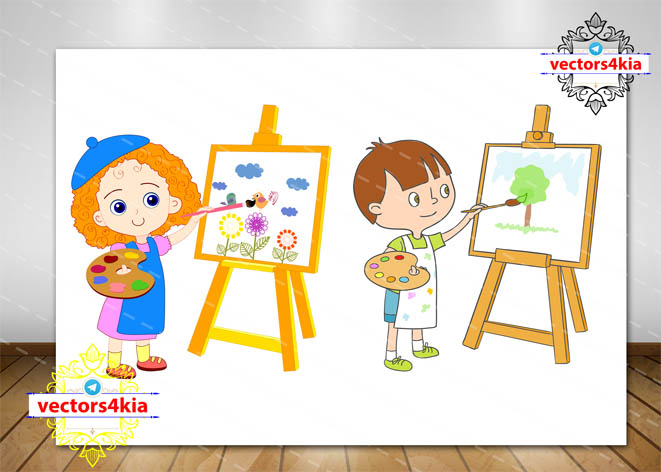 وکتور کودک نقاش (دختر و پسر)-با فرمت هایAi-EPS-PNG-PSD