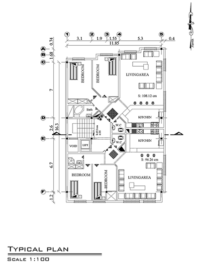 نقشه معماری زمین 11 در 16-دو واحدی -300متر زمین،210 متر بنا-یک واحد شمالی و یک واحد جنوبی-دو و سه خوابه-پیلوت پارکینگ،-اول ،تیپ طبقات ،نما 2 عدد، برش