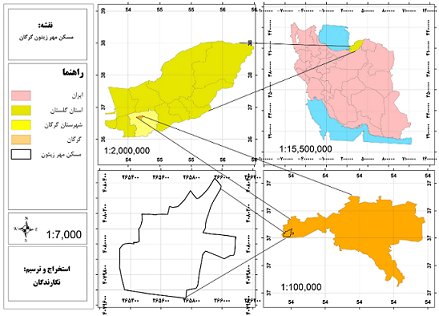 نقشه های GIS معرفی محدوده مورد مطالعه شهر گرگان و مناطق شهری. مسکن مهر زیتون و پارک شهر.